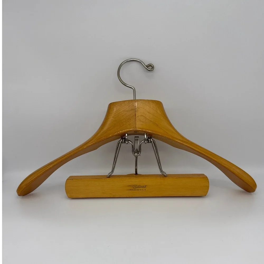 Vintage Neiman Marcus Setwell Wood Suit Hanger Wishbone Clamp Clothes Pants USA